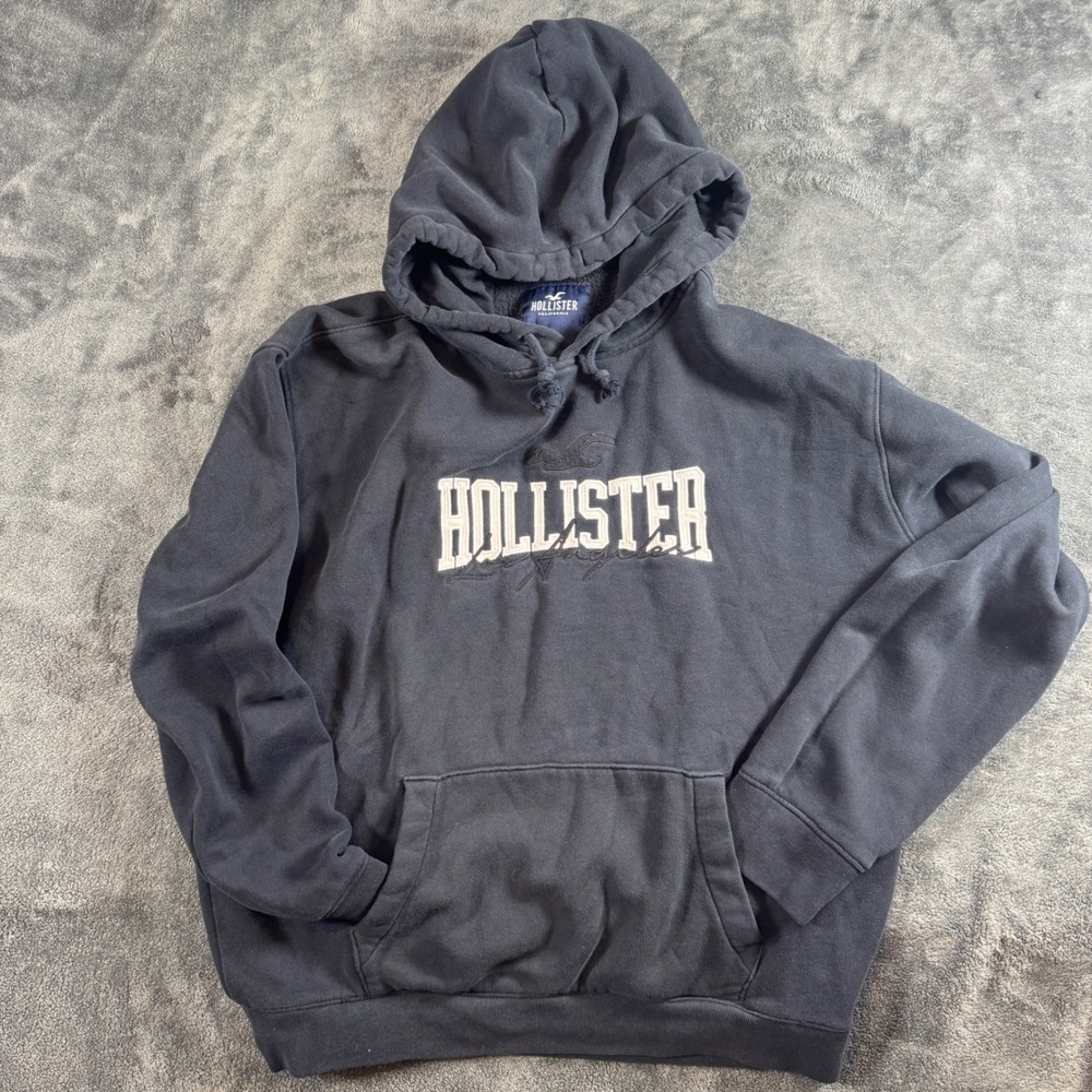Hollister Mens Logo Hoodie Pullover Sweatshirt Black Large Embroidered Logo